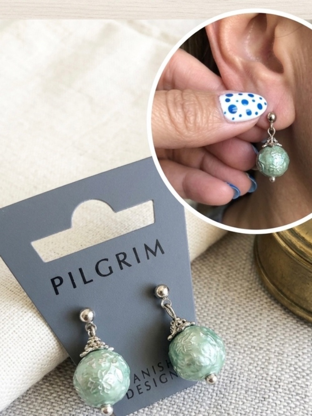 NWOT Pilgrim Danish Design Mint Sage Green Floral Embossed Drop Dangle Earrings